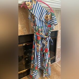 Vici Women Ruffled Floral striped off shoulder wrap dress garden girl party M